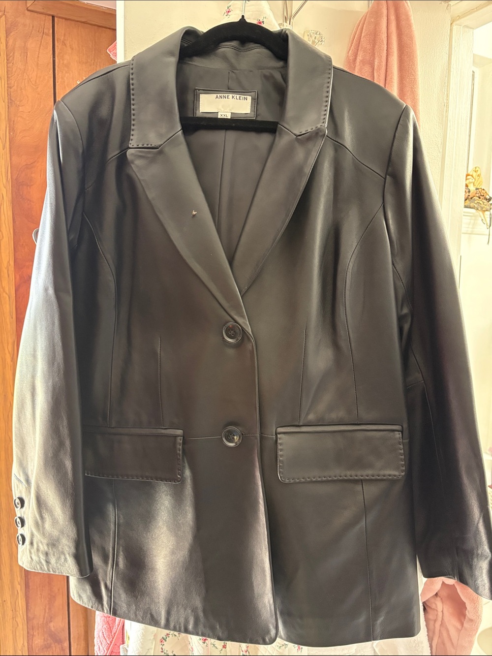 Anne Klein Black Leather Blazer Jacket with Notch Lapel